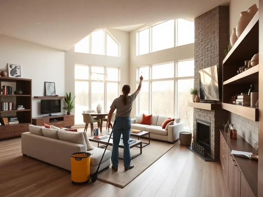 Cleaner dusting in a spacious modern home