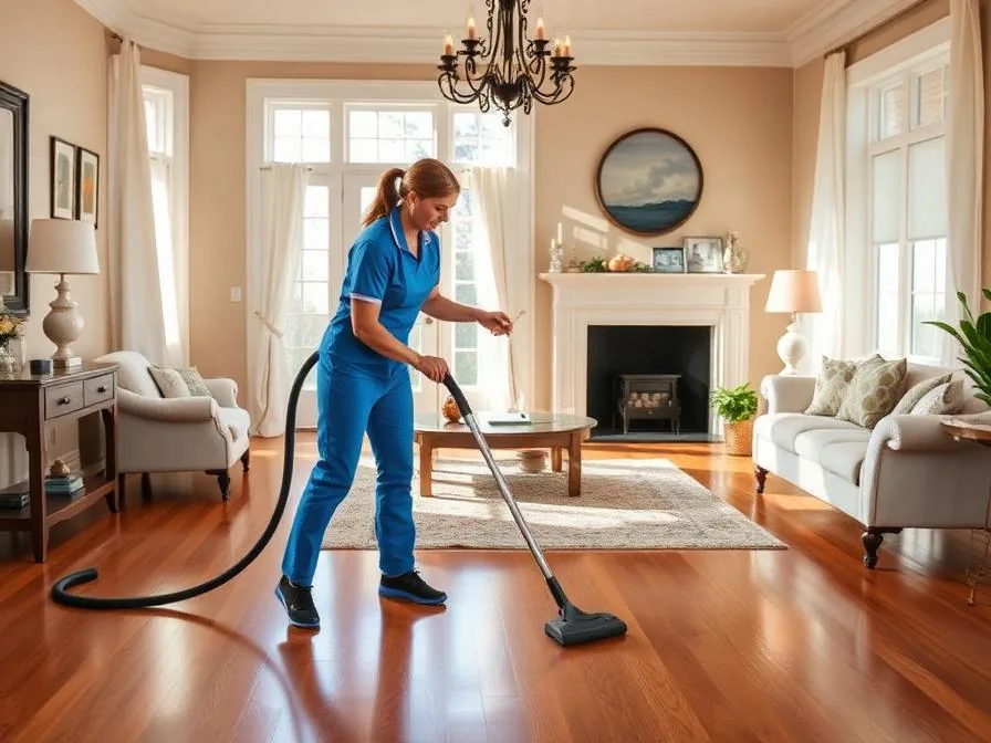 Cleaner vacuuming a heritage-style living room