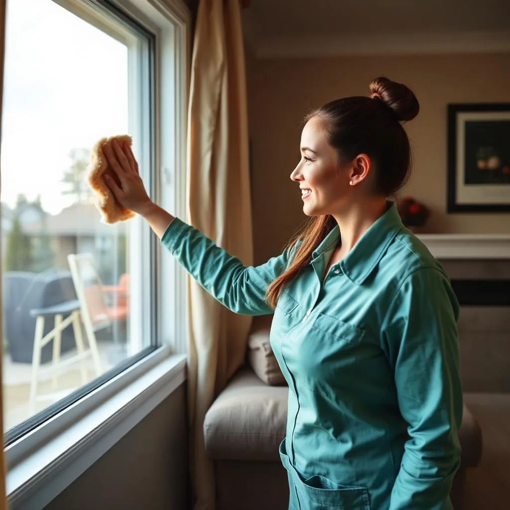 Cleaner wiping a living room window