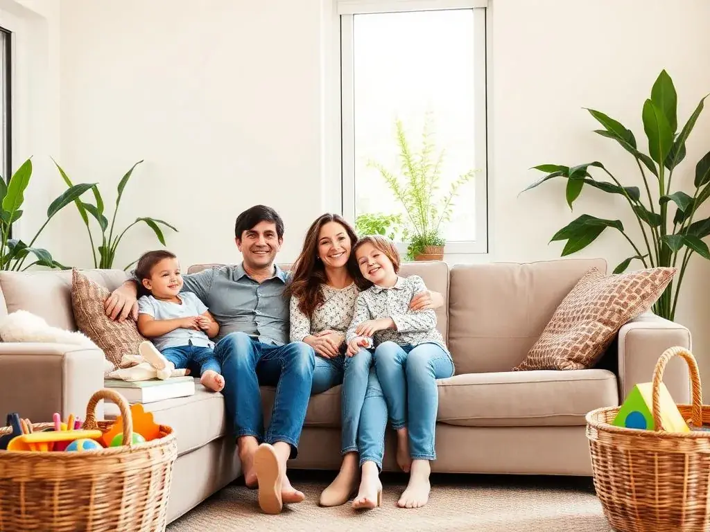 A family of four sitting together on a beige sofa in a bright living room