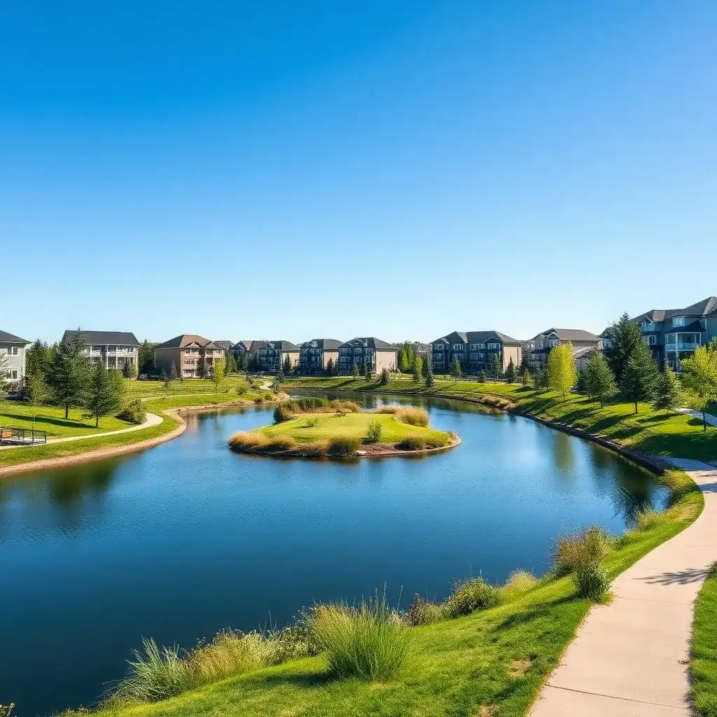 A small lake in a residential neighbourhood