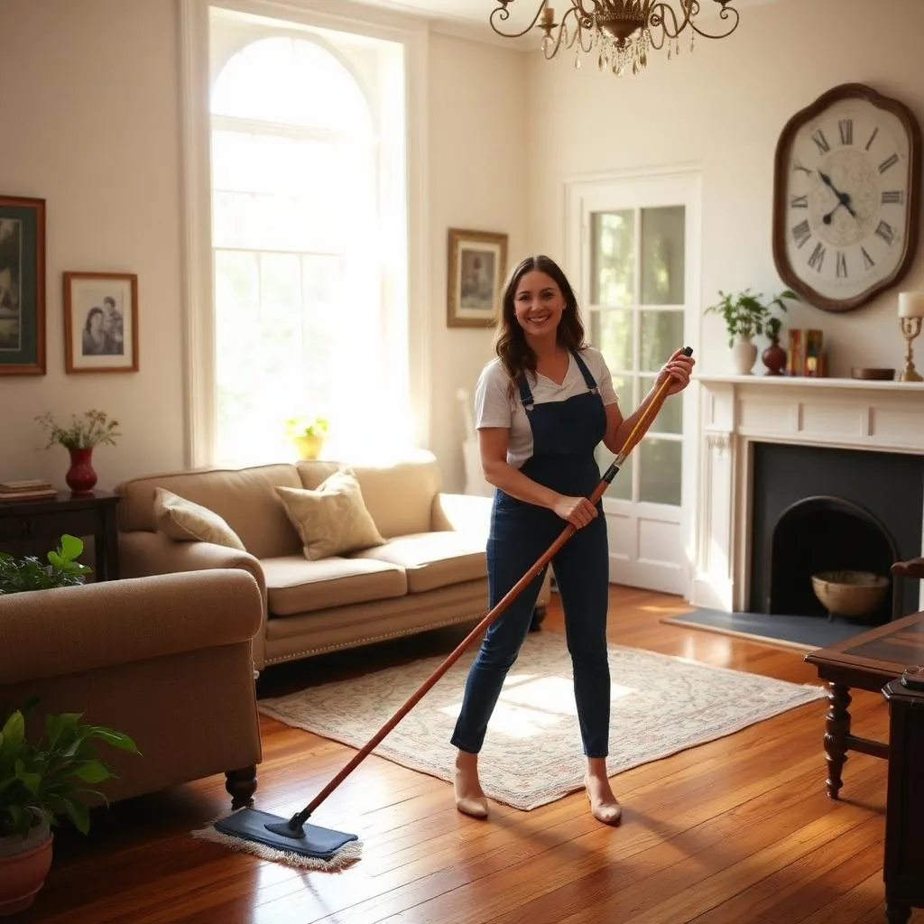 Cleaner with a flat mop on a hardwood living-room floor beside a fireplace
