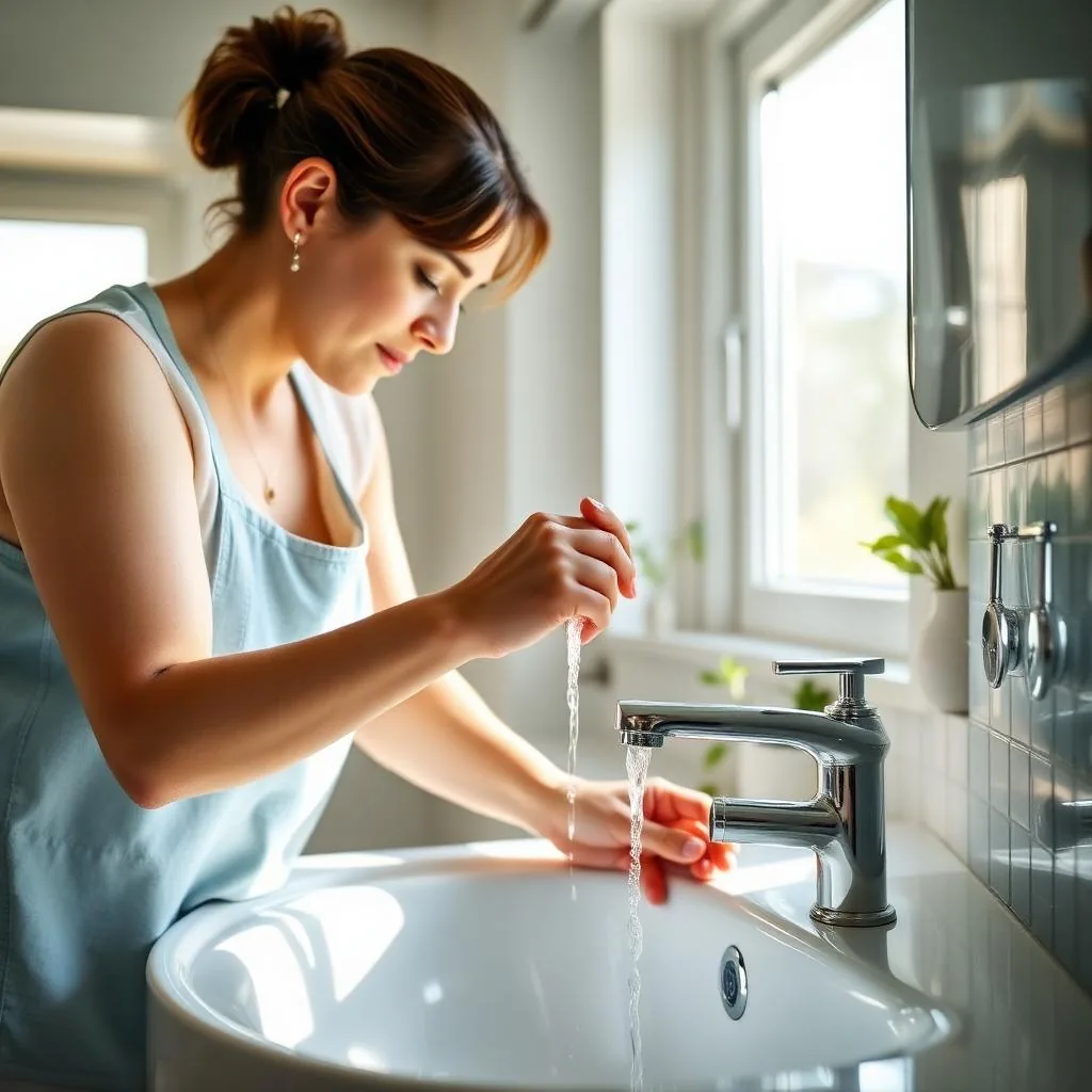 Woman in an apron at a bathroom sink with the tap running