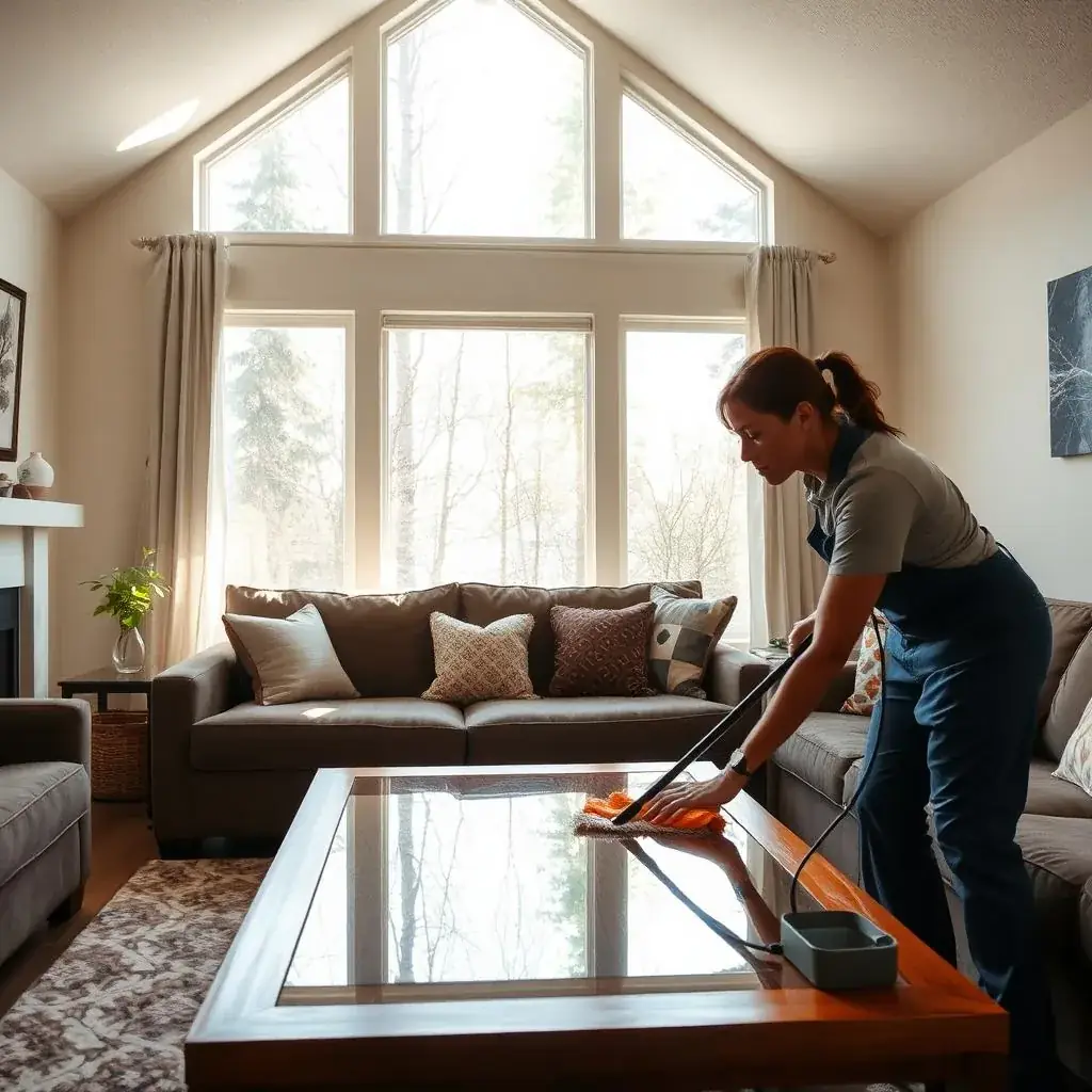 Cleaner wiping a glass-topped coffee table in a living room with tall windows