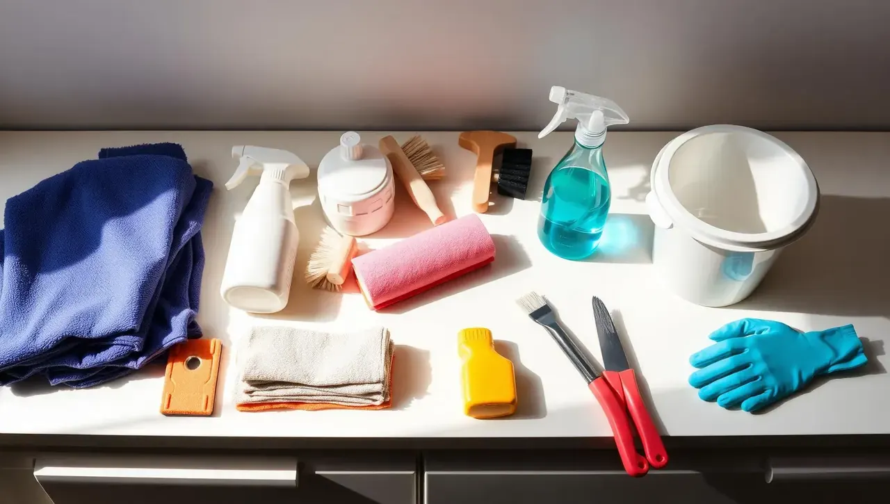 A small set of cleaning products and microfibre cloths arranged on a clean kitchen counter