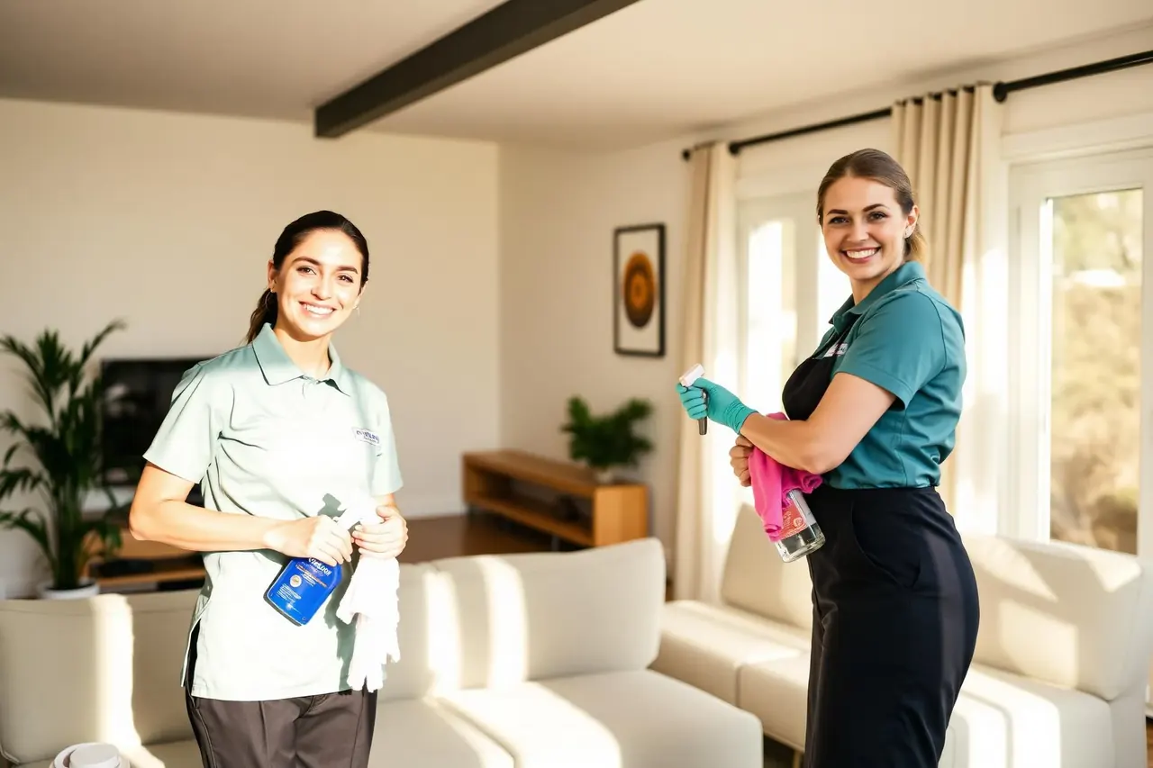 Two cleaners holding spray bottles and cloths in a bright living room
