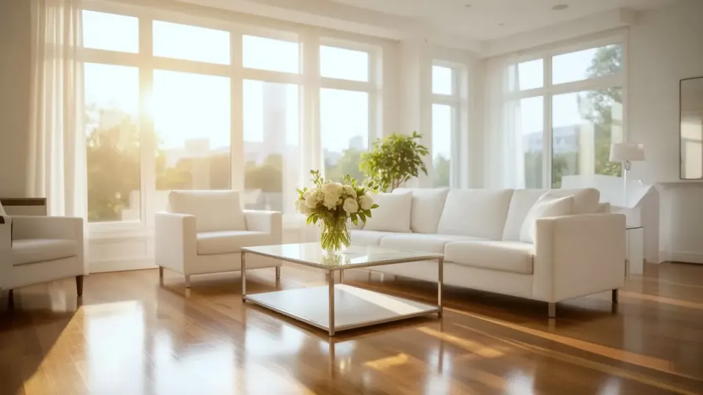 Sunlit white living room with tall windows behind a white sofa, white flowers on a glass coffee table and a hardwood floor