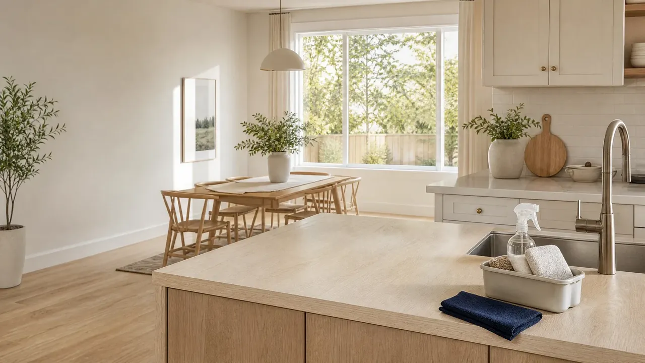 A kitchen with a light oak island, a spray bottle and folded cloths by the sink, and a dining table under a bright window