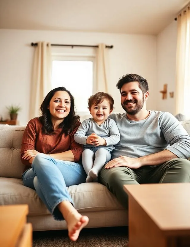 Smiling family with a toddler sitting on a sofa in a bright living room