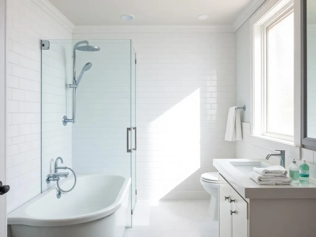Bright bathroom with white subway tile, a glass shower and a freestanding tub