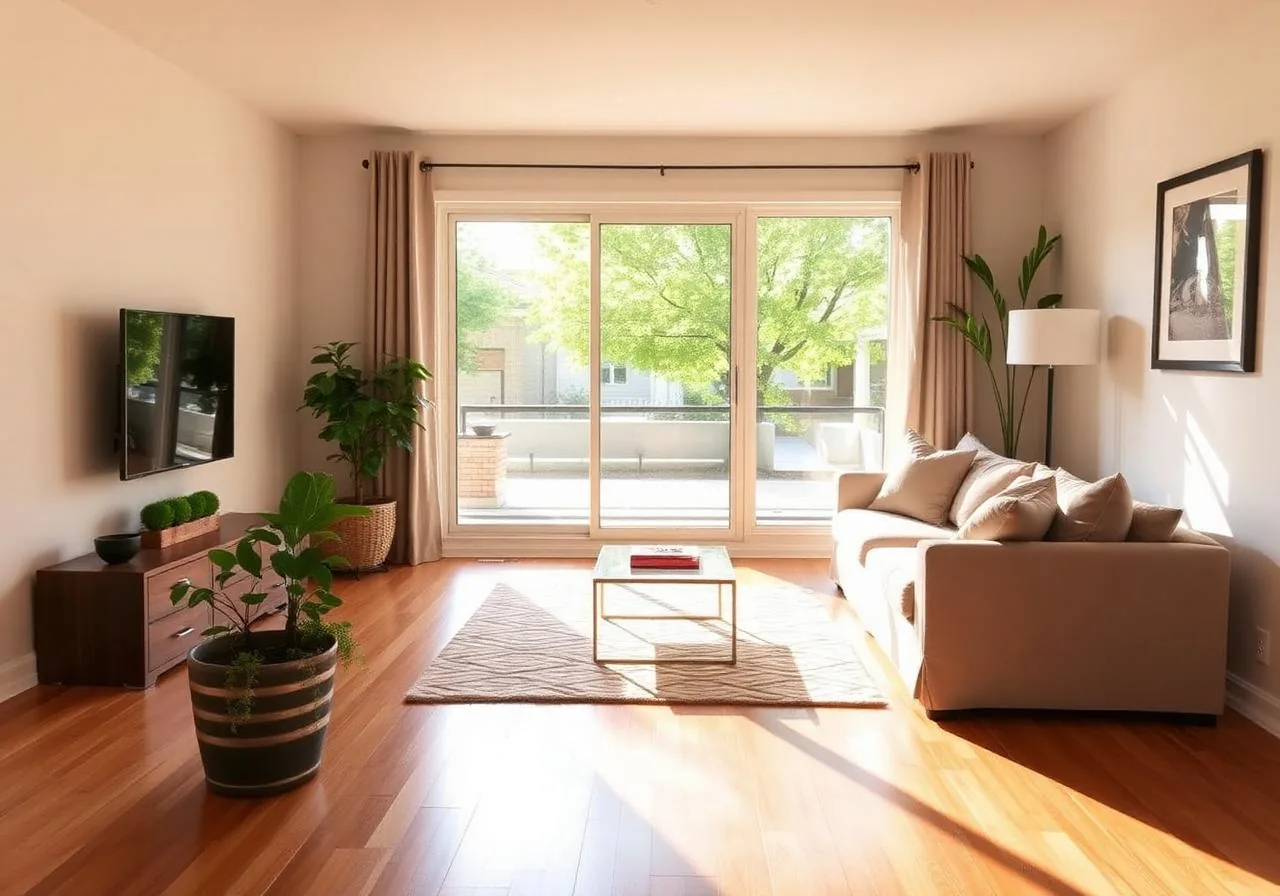 A living room with a sliding glass door onto a patio, a beige sofa, a glass coffee table on a textured rug and potted plants