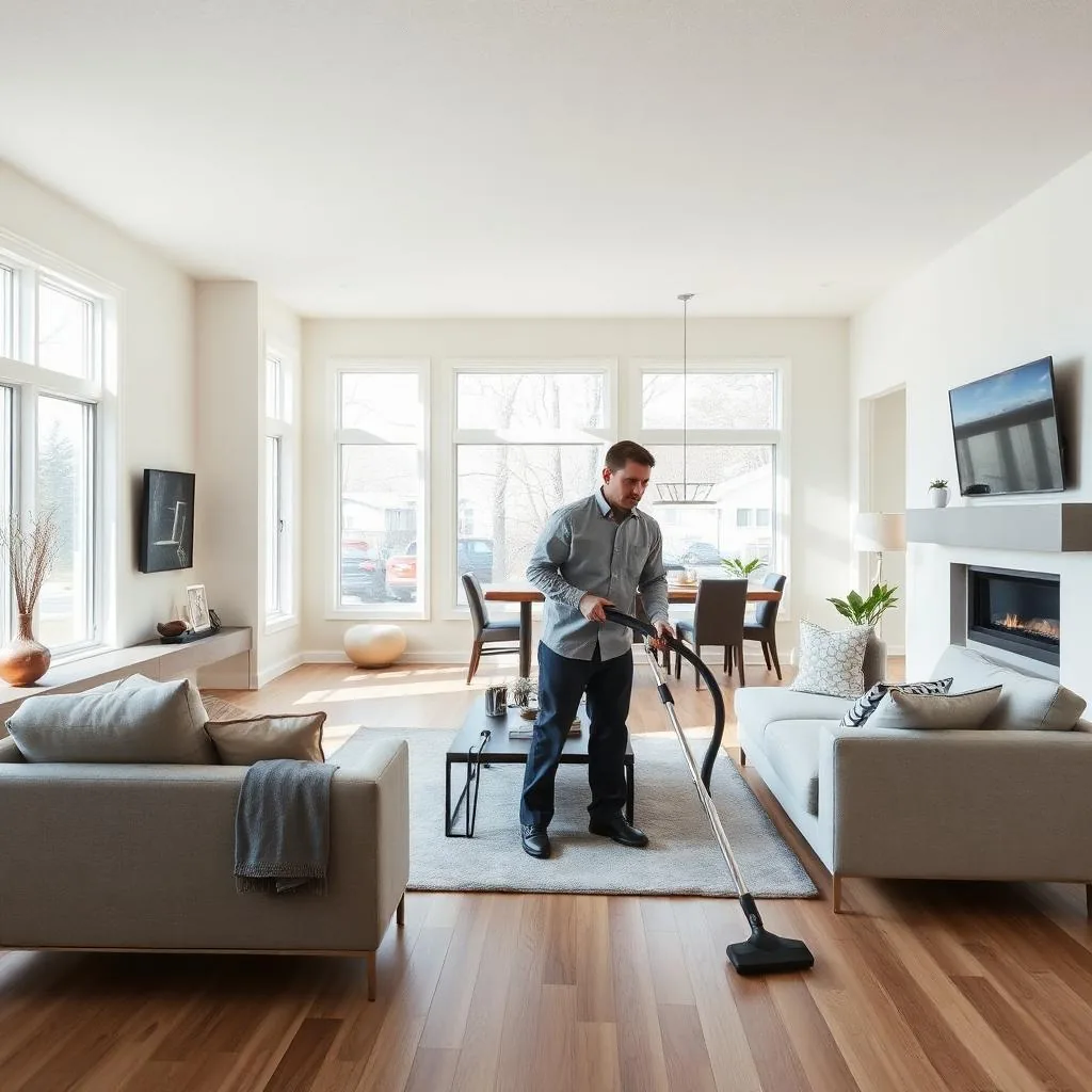 Cleaner vacuuming an open-plan living room with hardwood floors and a gas fireplace