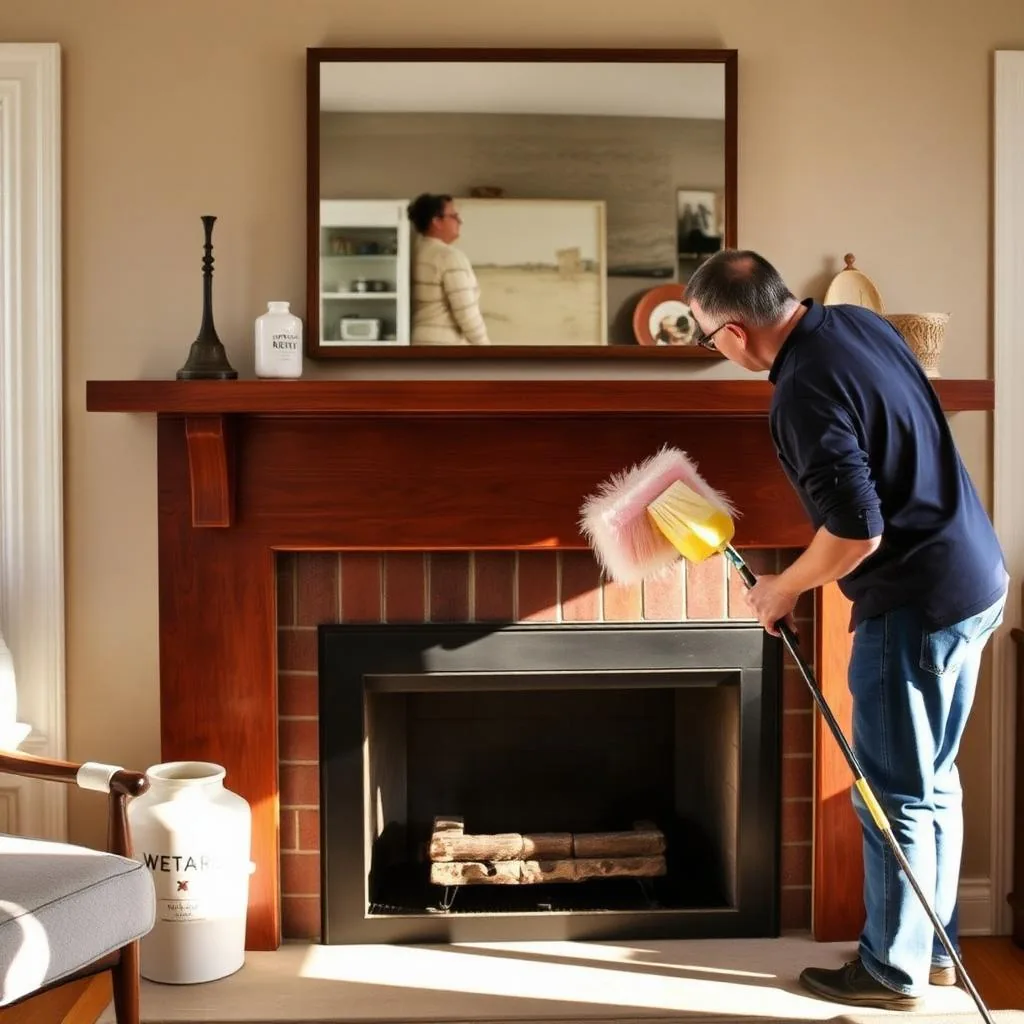 Cleaner dusting a wooden fireplace mantel with a long-handled duster