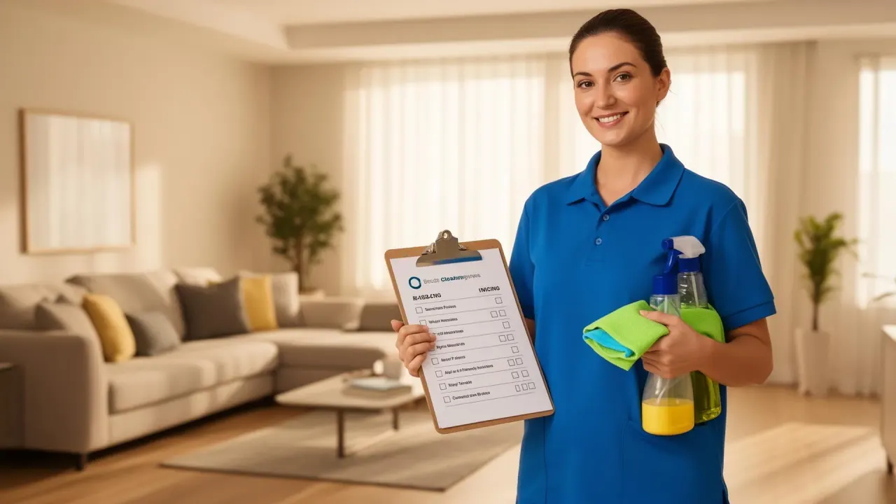 Professional house cleaner with cleaning supplies and pricing checklist