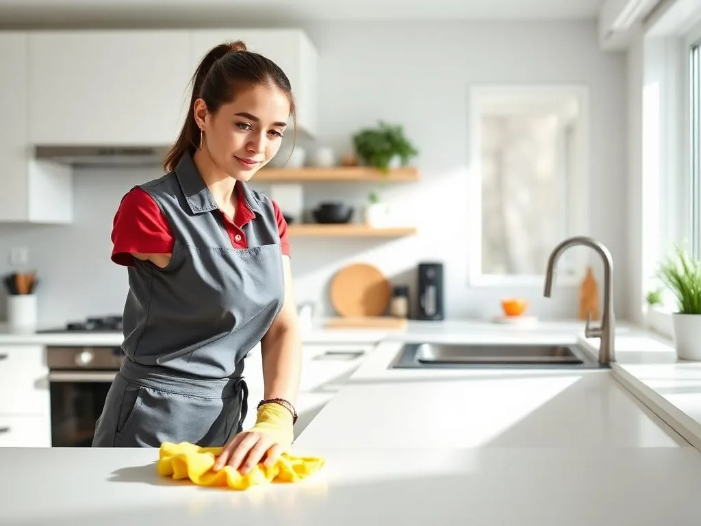 Cleaner in a grey apron and a yellow glove wiping a white kitchen counter with a yellow cloth