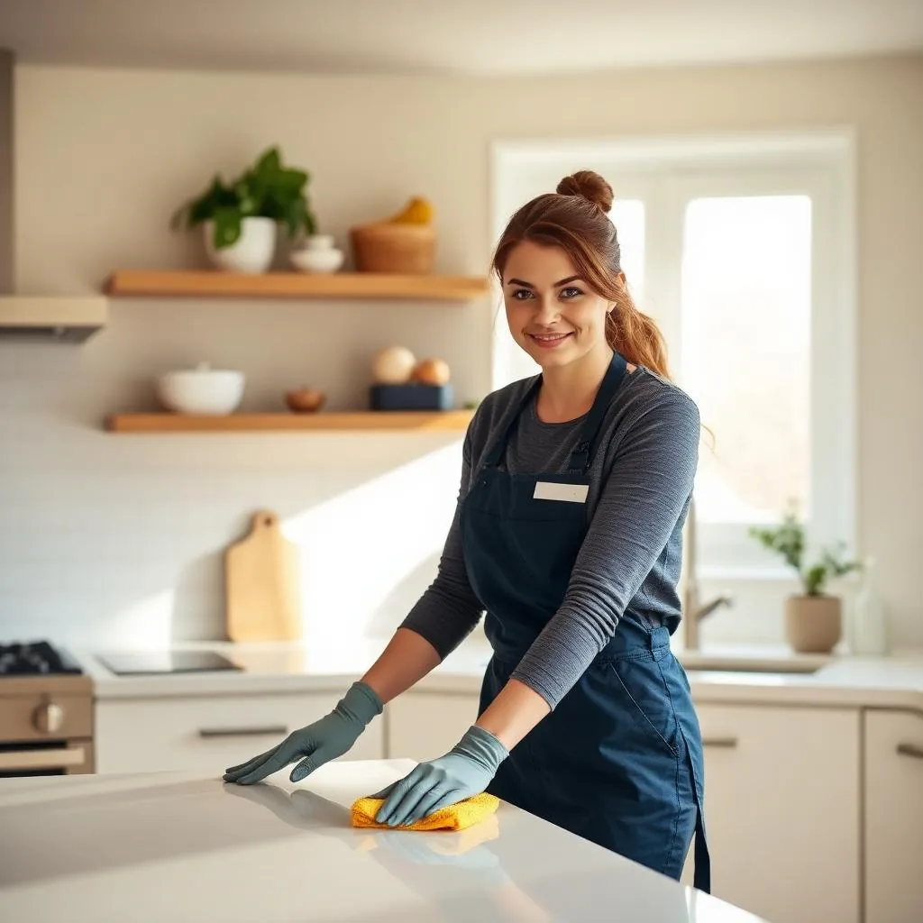 Cleaner in a navy apron and grey gloves wiping a kitchen counter