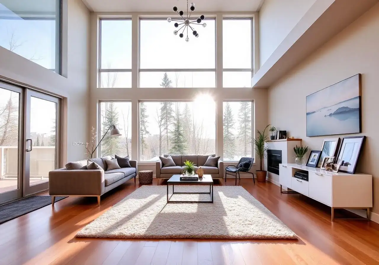 Double-height living room with tall windows, two grey sofas and a white rug on wood floors