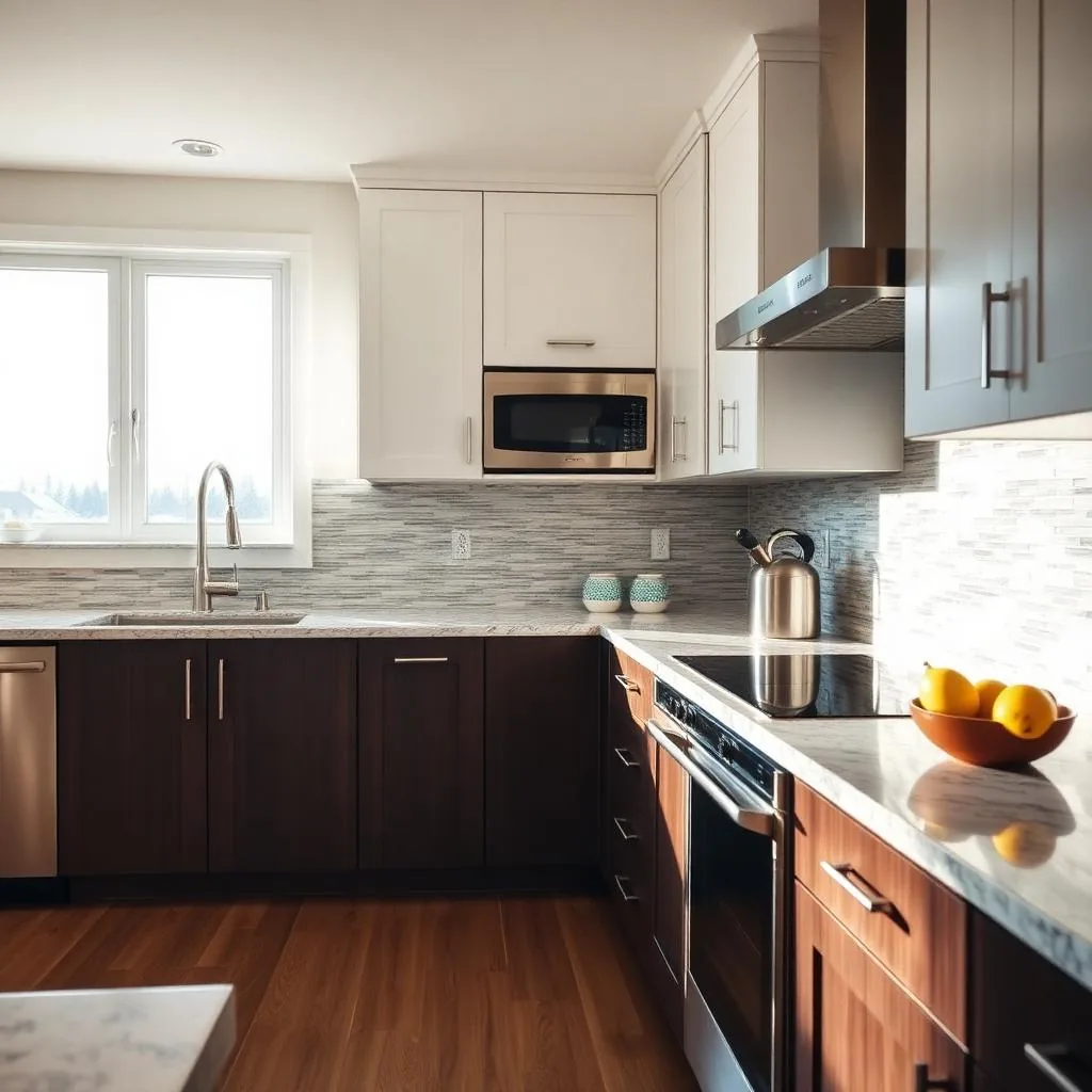 Kitchen with white upper cabinets, dark lower cabinets and a window over the sink