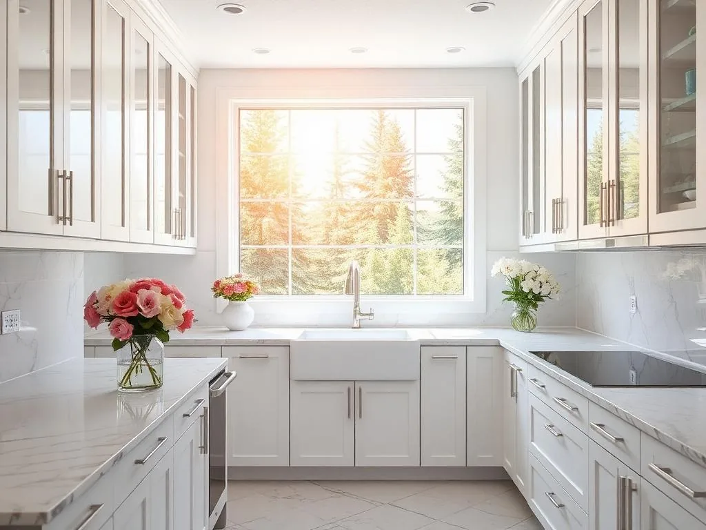 White kitchen with glass-front cabinets, marble counters and a window above a farmhouse sink