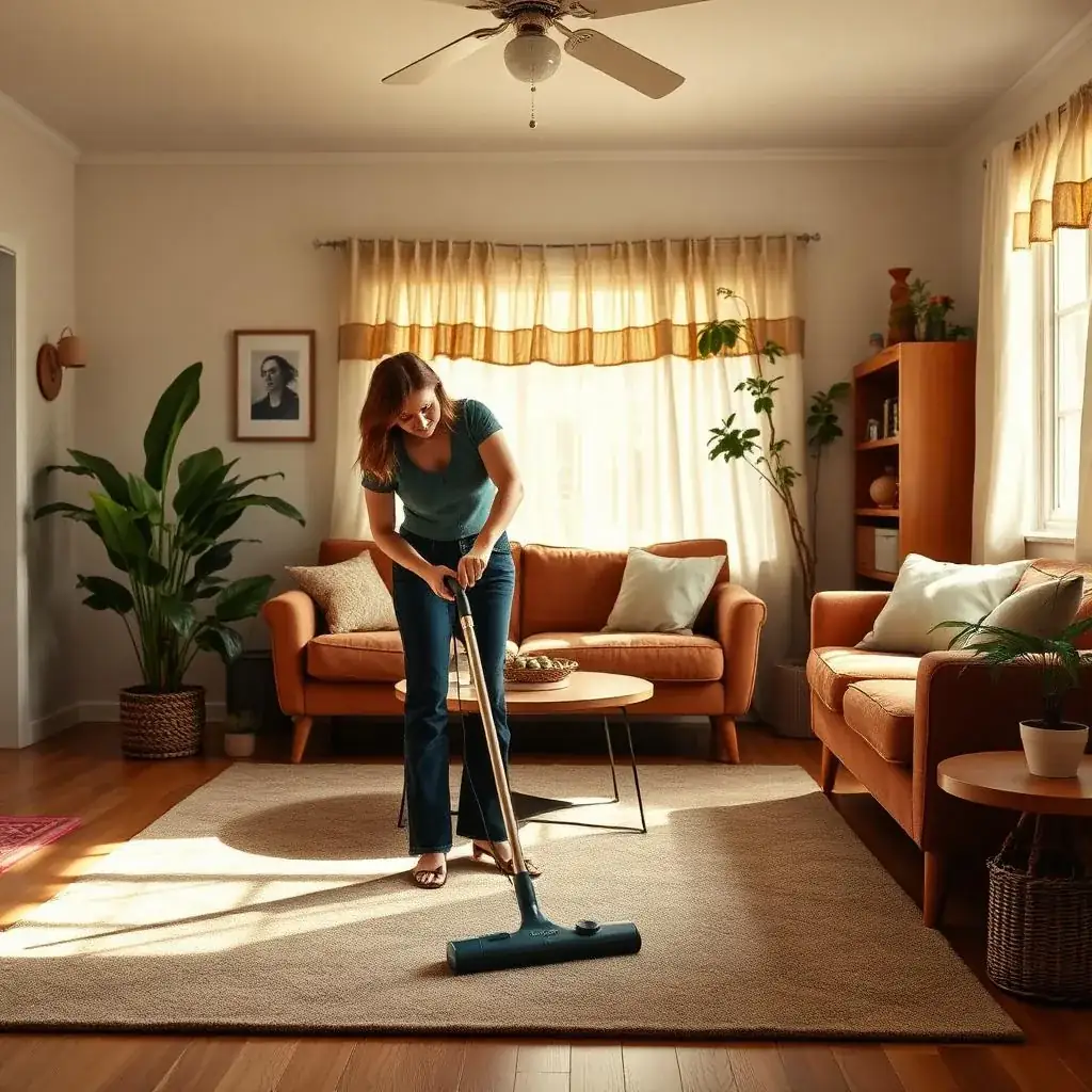 Woman vacuuming a rug in a sunlit living room with orange sofas and a ceiling fan