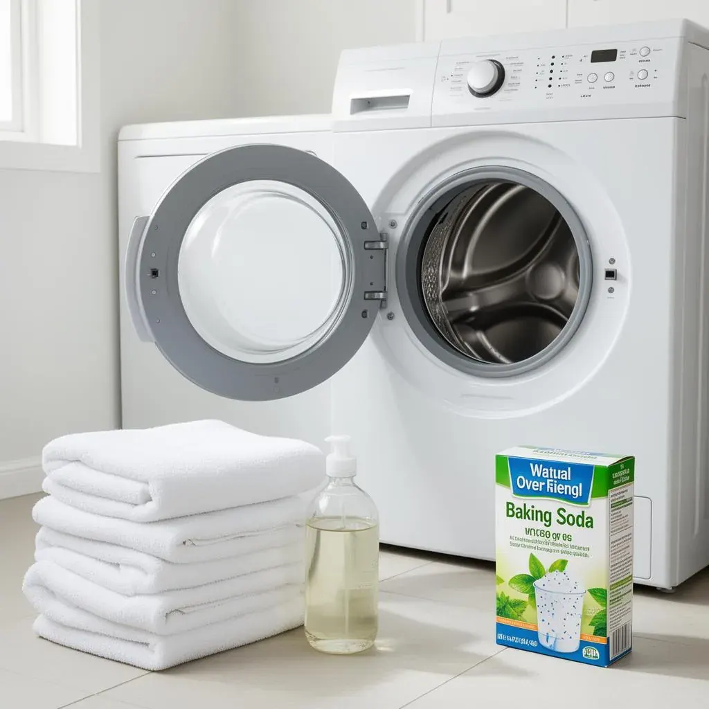 Clean laundry room with washing machine and natural cleaning supplies