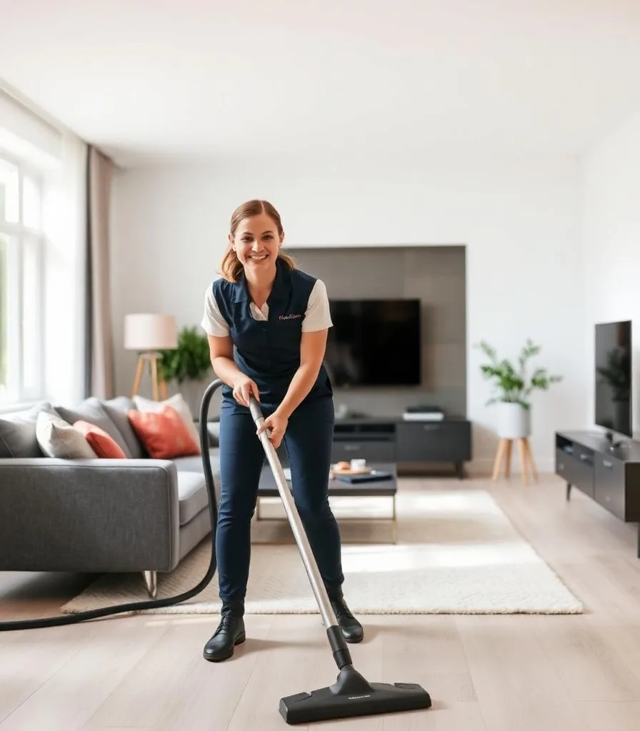 Cleaner in a navy uniform vacuuming a light wood floor beside a grey sofa