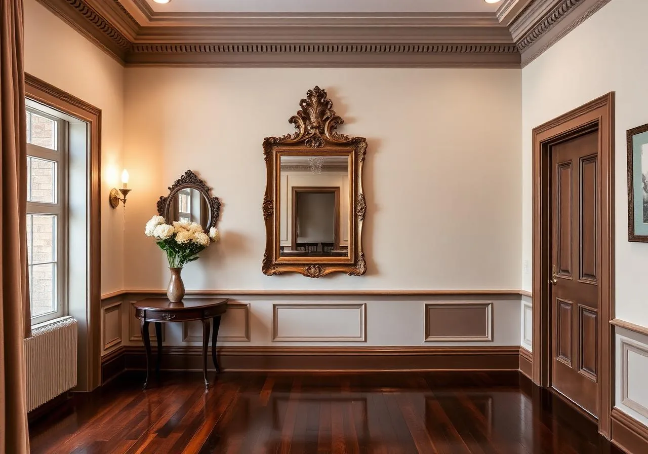 Hallway with crown moulding, a gilt-framed mirror, white flowers on a side table and dark hardwood floors