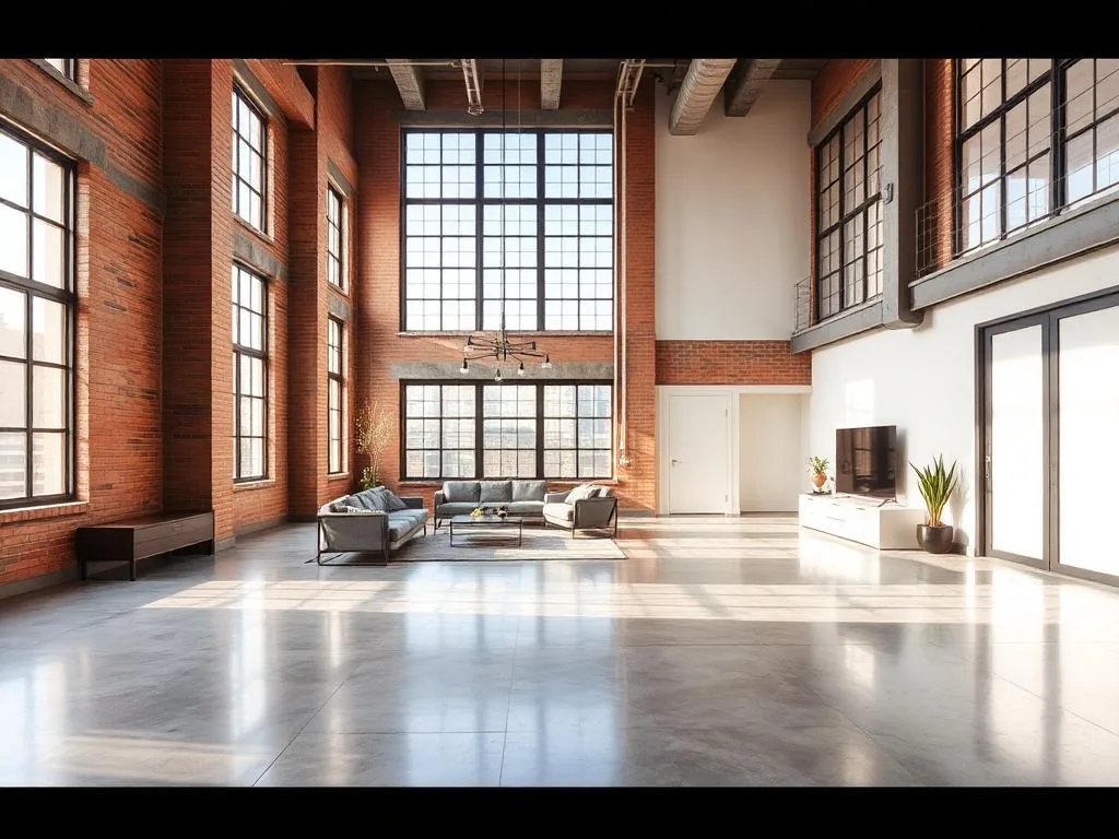 A large open-plan loft with brick walls, tall windows and a polished concrete floor
