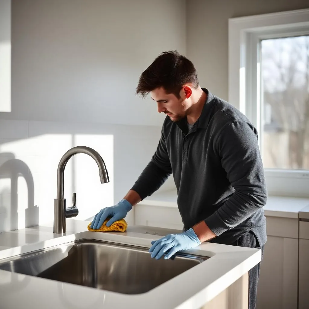 A cleaner in blue gloves wiping the rim of a stainless steel kitchen sink