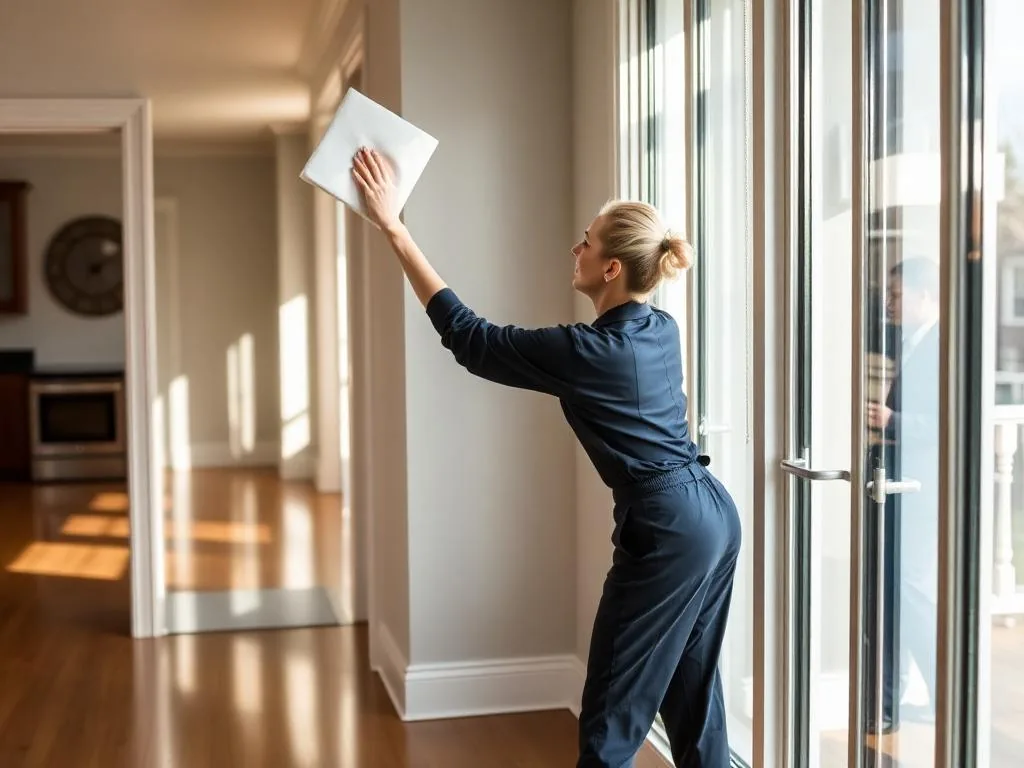 A cleaner reaching up with a white cloth beside tall glass doors