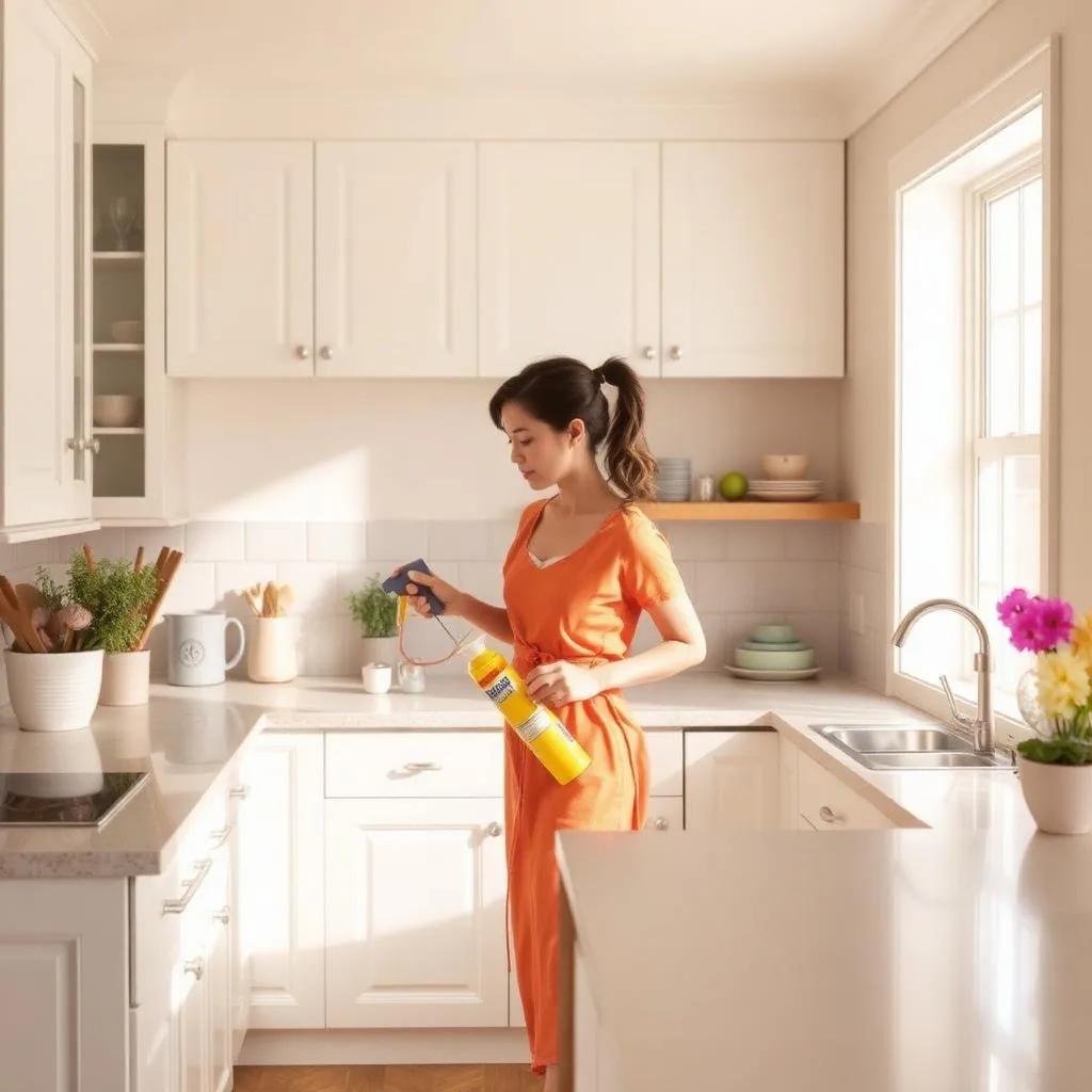A cleaner holding a yellow spray bottle in a white kitchen with a window over the sink