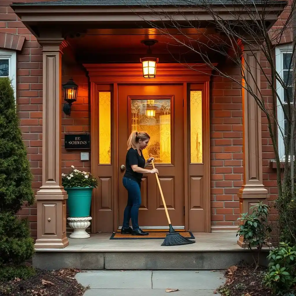 A cleaner sweeping the doormat at the front door of a brick house
