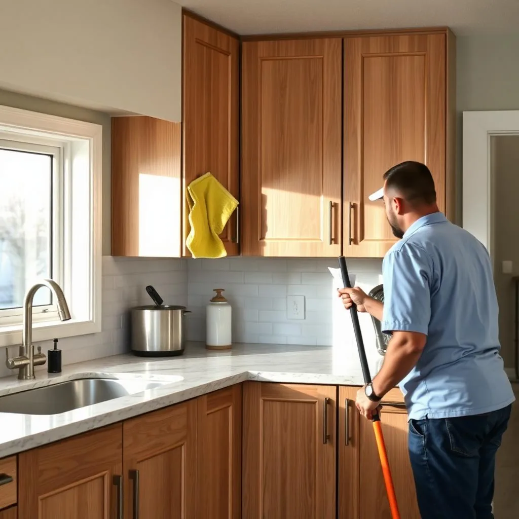 A cleaner holding a long-handled mop in a kitchen with wood cabinets and a marble counter
