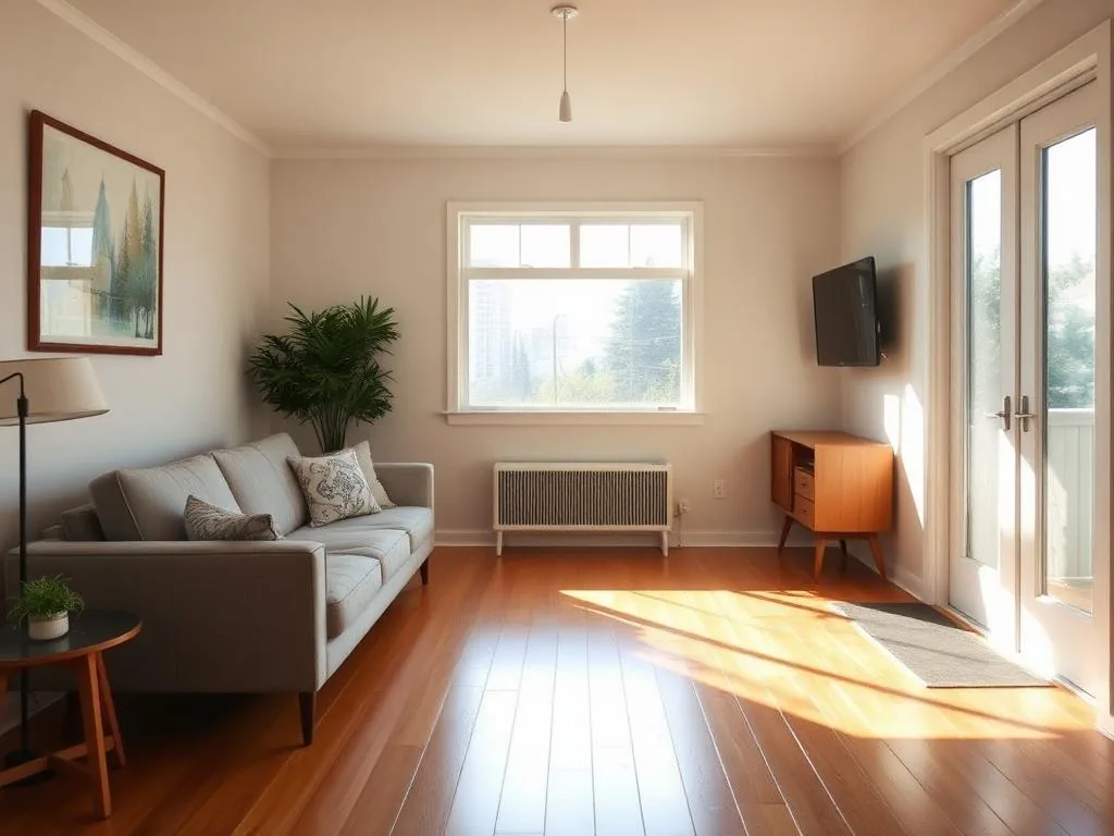 A sunlit living room with a grey sofa, a hardwood floor and a teak sideboard