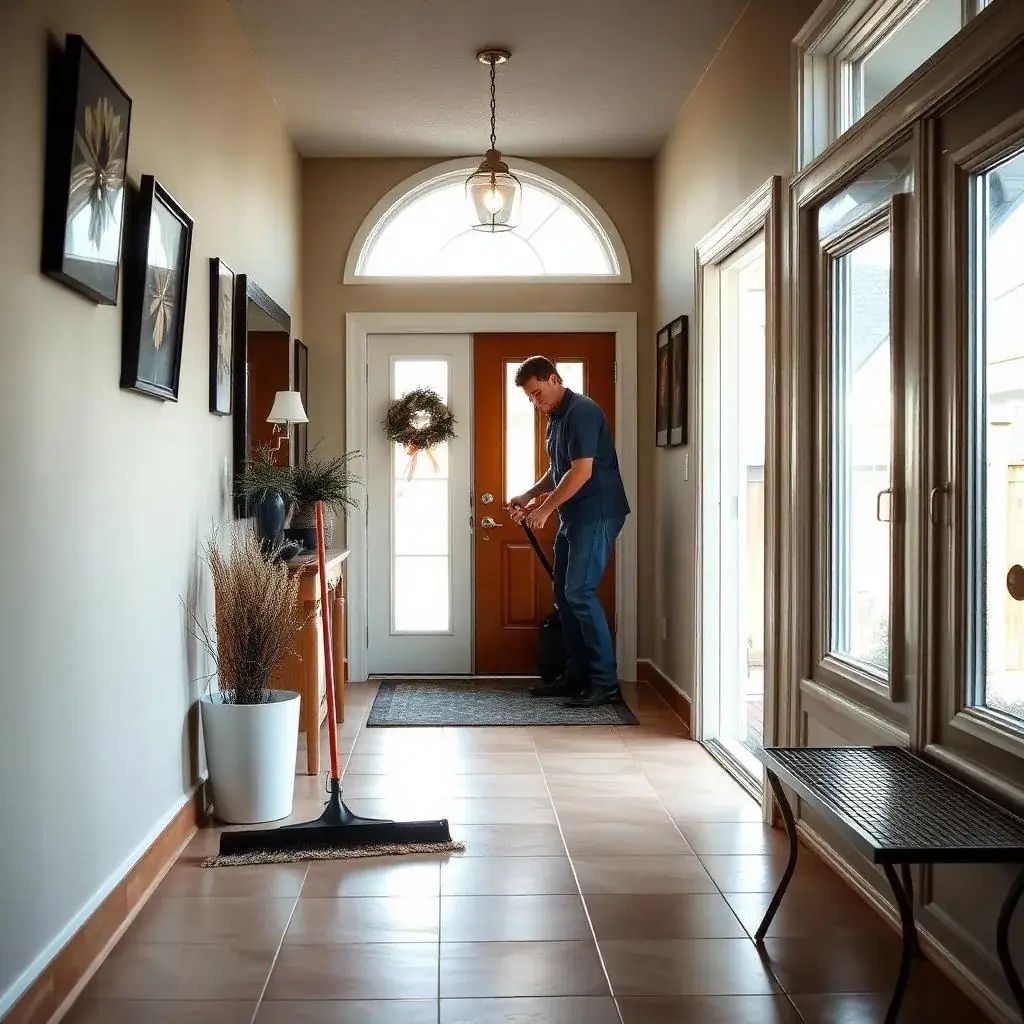 A cleaner at the front door of a tiled entry hallway, with a push broom in the foreground