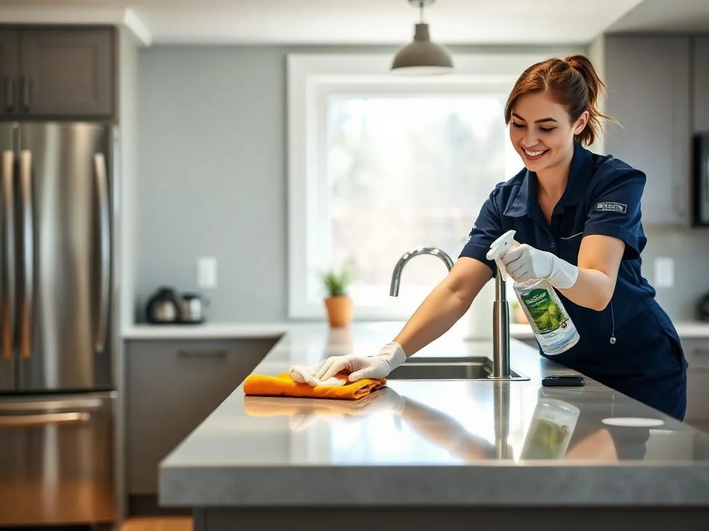Cleaner in a navy uniform and white gloves wiping a grey stone kitchen counter with an orange cloth