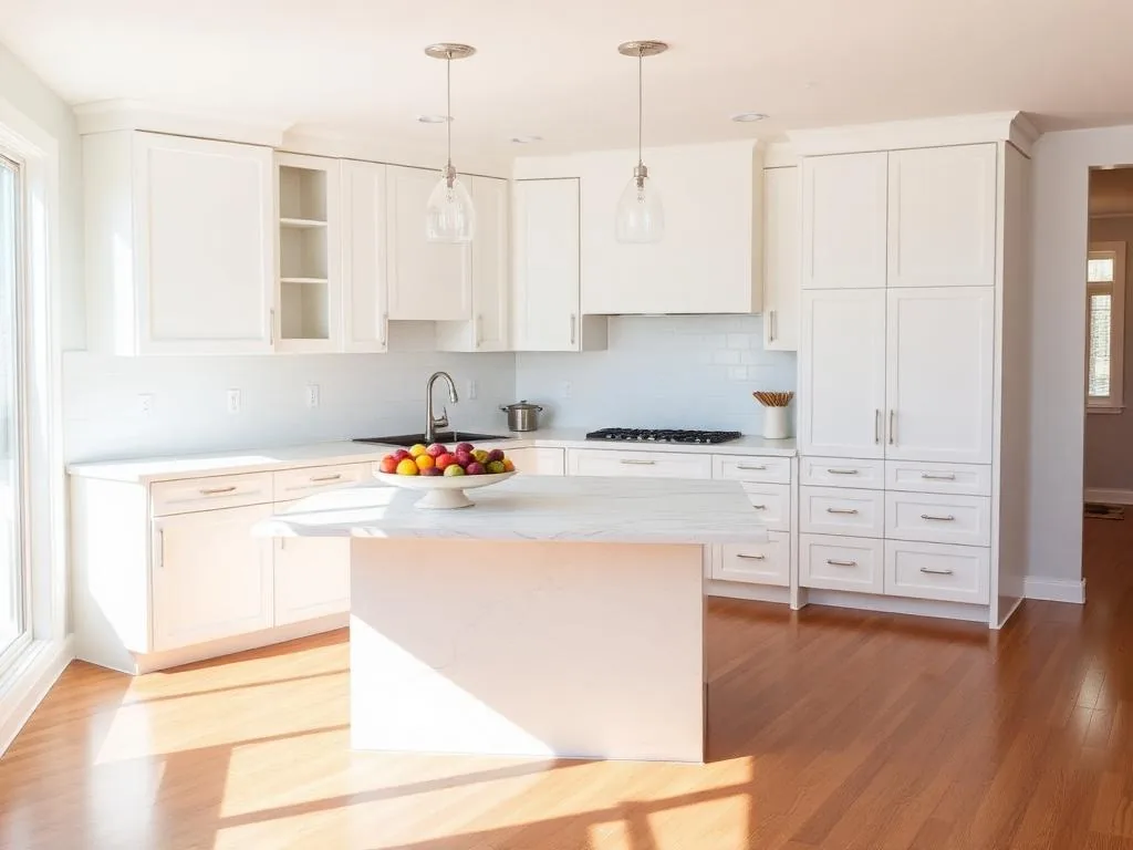 White kitchen with shaker cabinets, a marble-topped island holding a fruit bowl, and hardwood floors in low sun