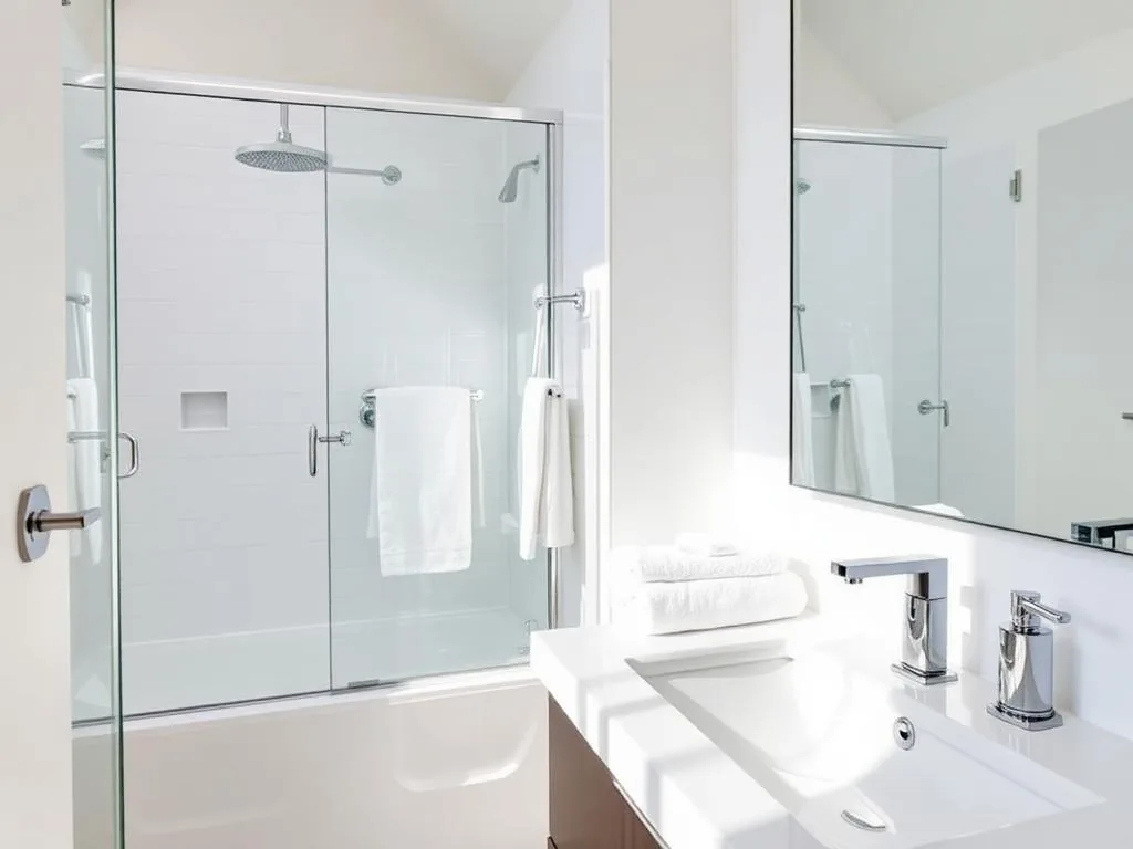 White bathroom with a glass shower enclosure over a tub, folded towels and a chrome tap on a white vanity