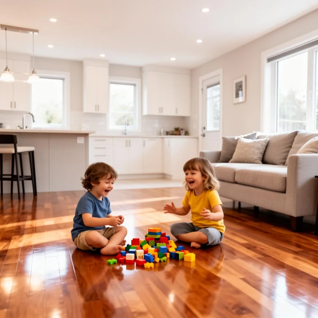 Two children playing with building blocks on a hardwood floor in an open-plan living room and kitchen