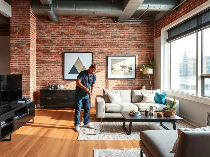 Professional cleaner tidying a loft-style home