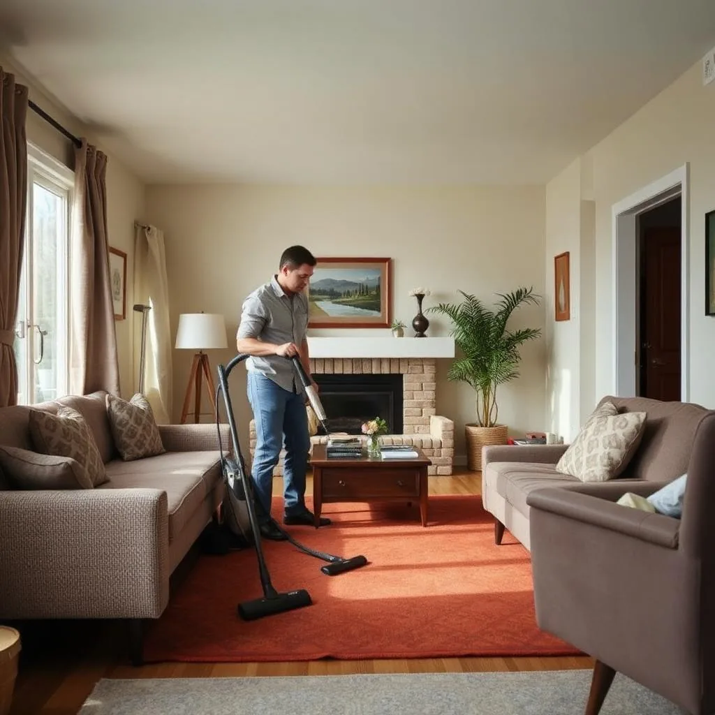 Professional cleaner vacuuming a living room in a home