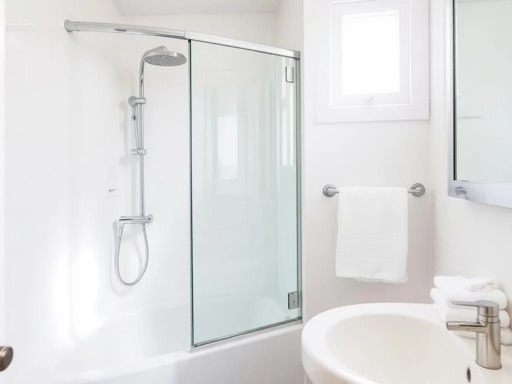White bathroom with a glass shower screen over the tub, a rain shower head and a pedestal sink