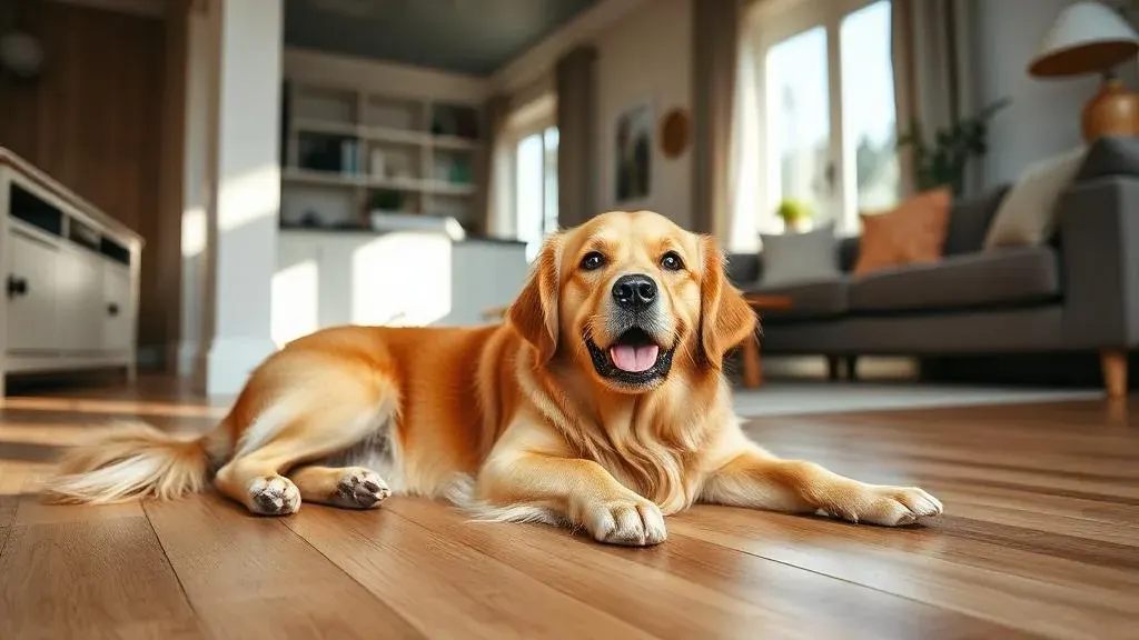 Golden retriever dog lying on a clean wooden floor