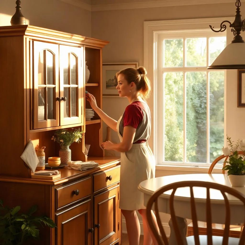 A cleaner wiping a wooden china cabinet beside a tall, sunlit window