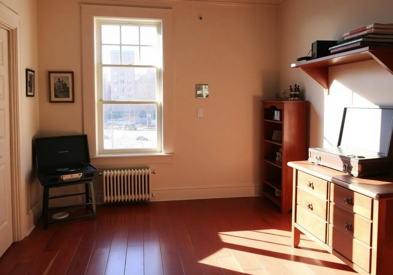 Sunlit room with a wood floor, a white radiator under a sash window, a record player and a wooden dresser