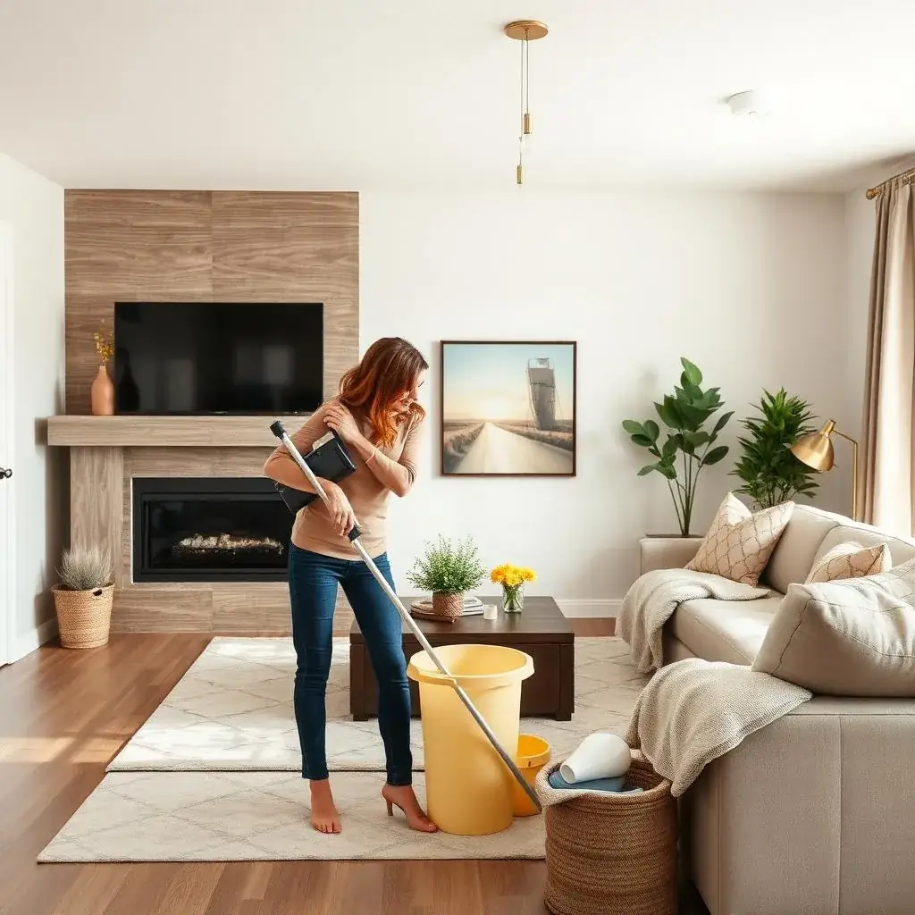 A person with a mop and a yellow bucket in a living room with a fireplace and a sectional sofa