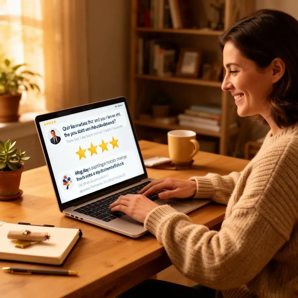 Customer reading positive reviews online