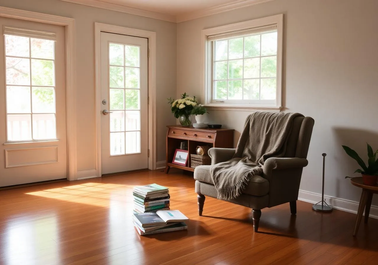 A sunlit room with a hardwood floor, an armchair draped with a fringed throw, a stack of books on the floor and glass doors to a deck