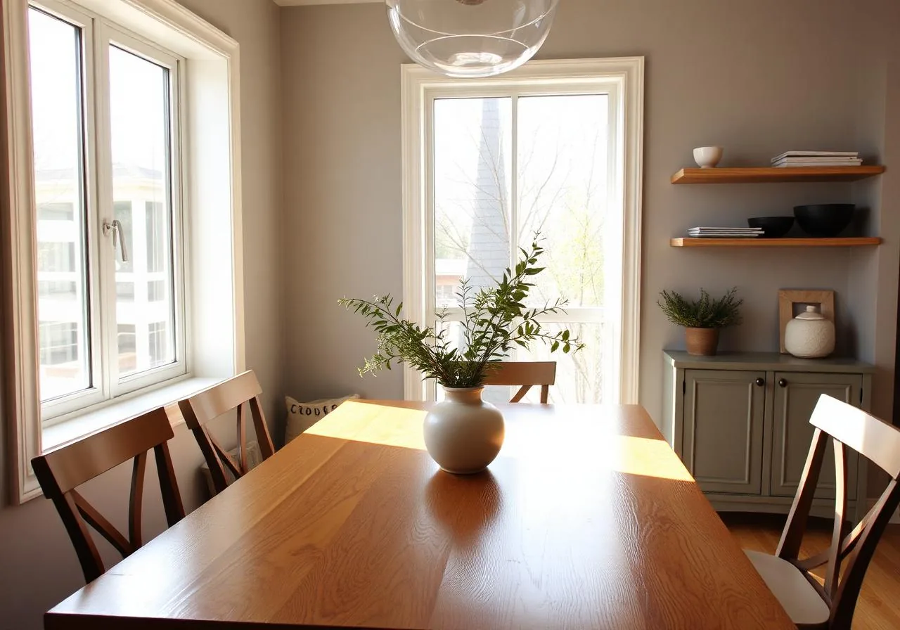 Dining table in warm light with wooden chairs, a vase of greenery and open shelves beside tall windows