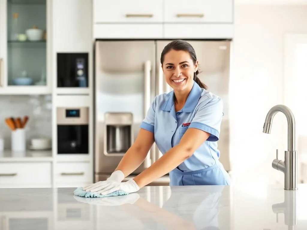 Smiling cleaner in a blue uniform and white gloves wiping a white stone counter in a bright kitchen